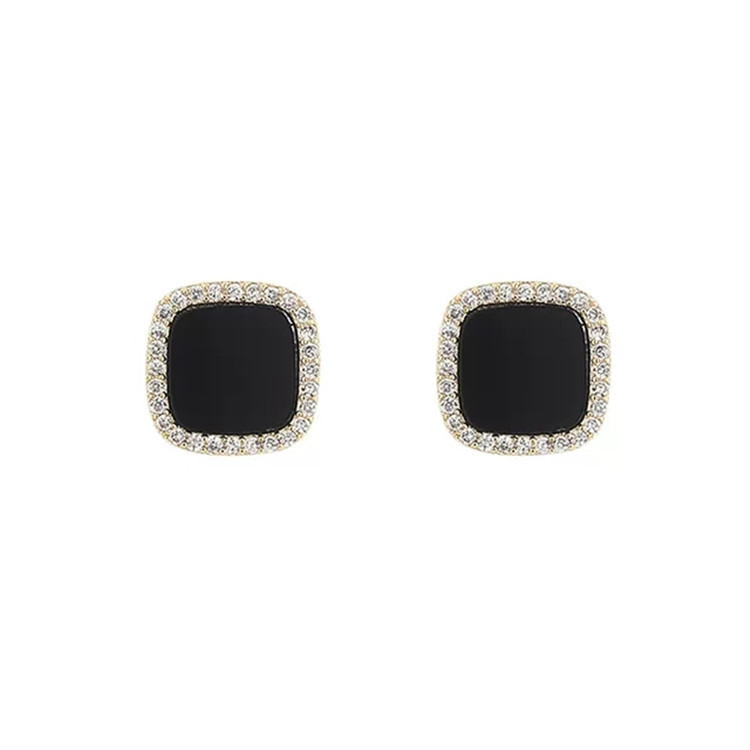 S925 Silver needle black square fashionable earrings, oil-dripping geometric diamond-encrusted small commuter stud earrings, elegant Korean earrings Item Picture