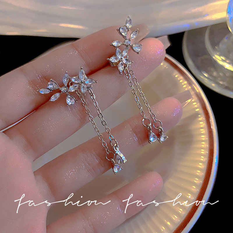 S925 Silver Needle Korean Version New Super Flash Zircon wing Earrings, women's high-end design long tassel stud earrings details Picture