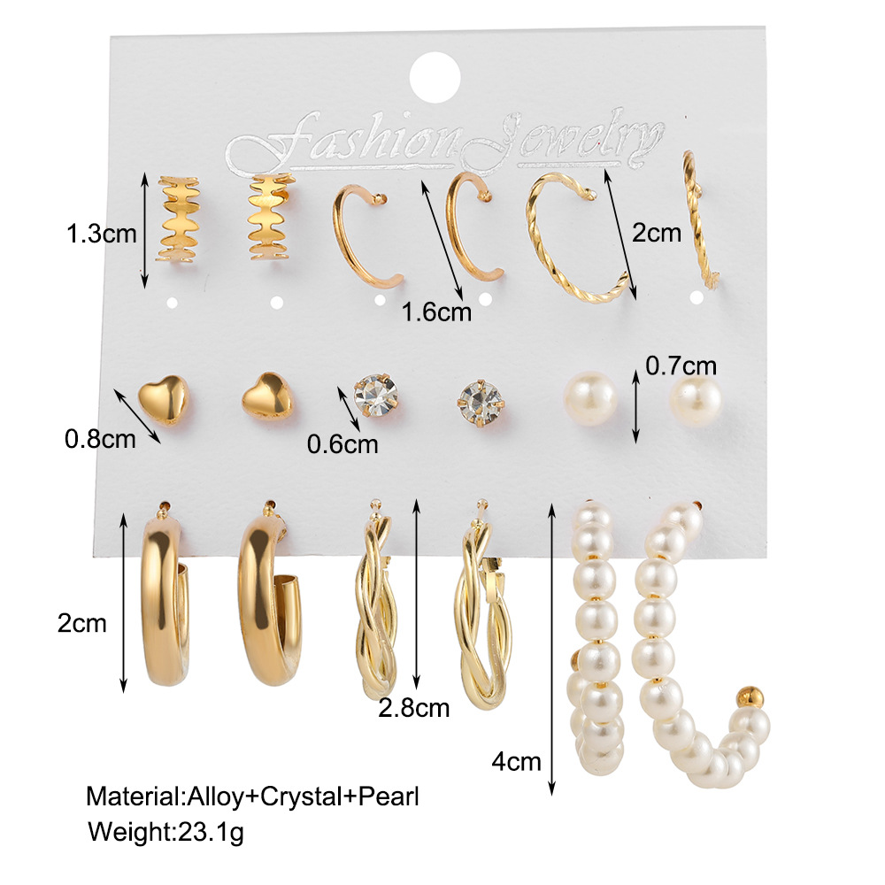European and American cross-border jewelry imitation pearl zircon earrings heart-shaped set creative retro simple and elegant ear ring wholesale Specification drawing