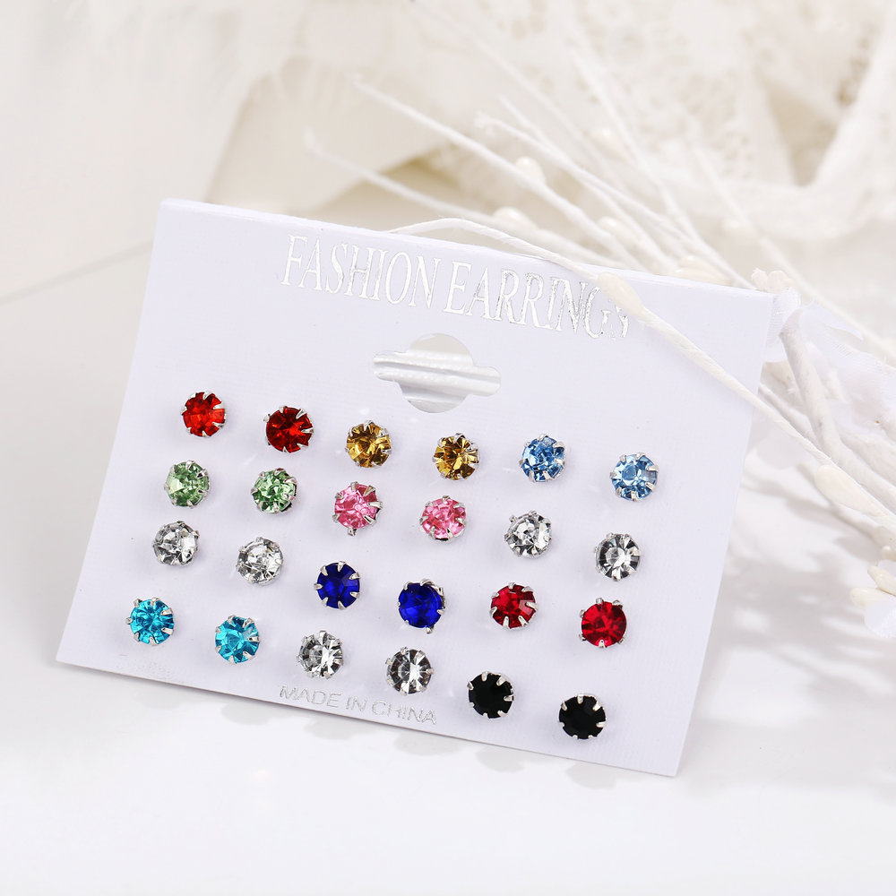 New cross-border color diamond ear stud set from Europe and America, 12 pairs of round small accessories, zircon card ear stud earrings Application Scenario