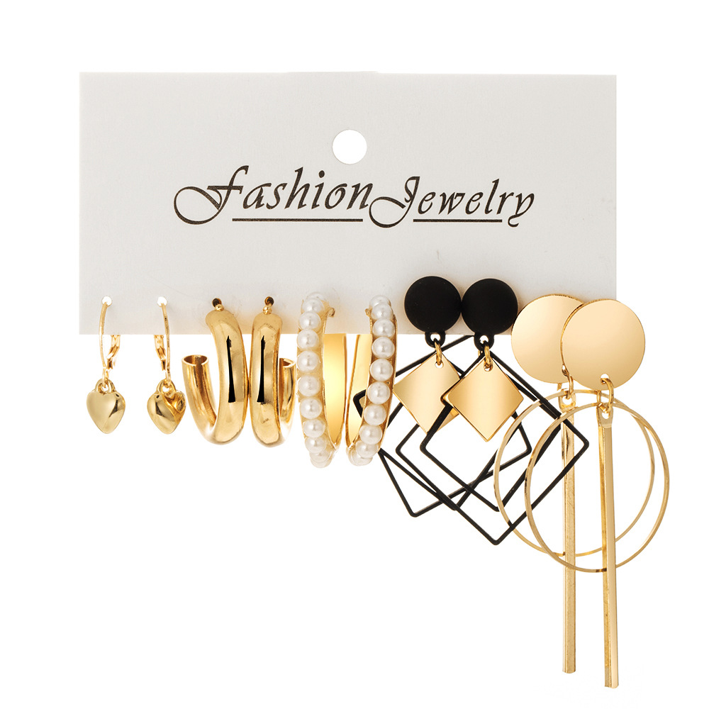 New retro imitation pearl ear ring C-shaped earring set of 5 pairs, creative and simple diamond-shaped geometric alloy earrings Item Picture