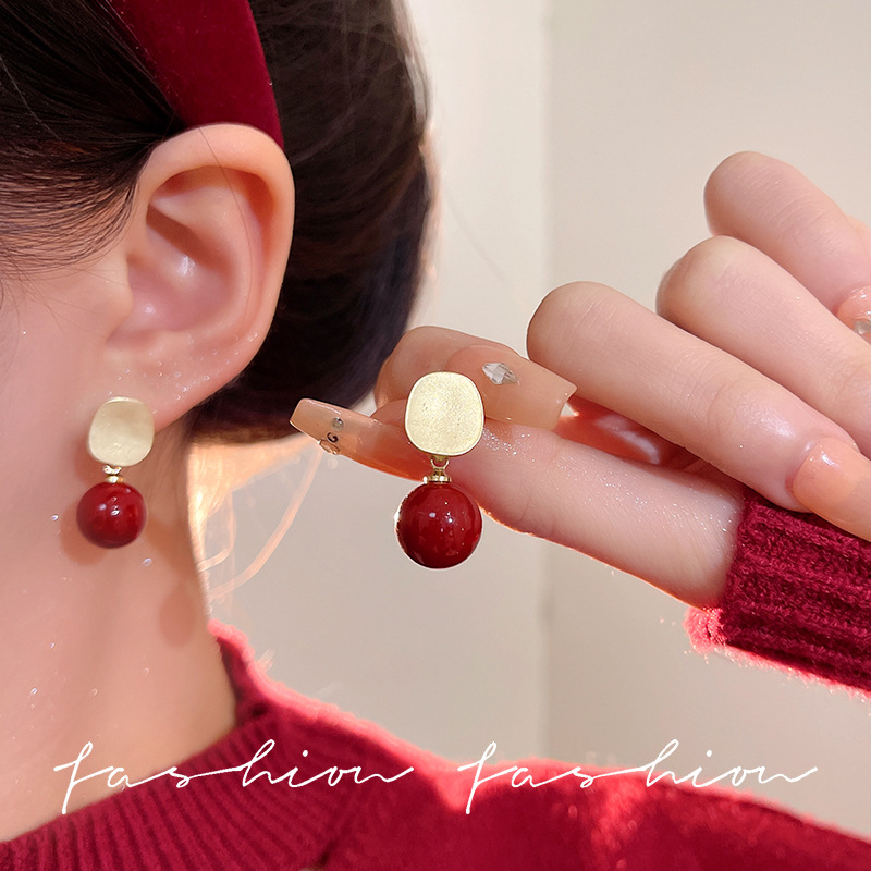 New Year's Ankela Red round pearl Stud Earrings for Women's unique retro style 2025 New simple geometric earrings details Picture