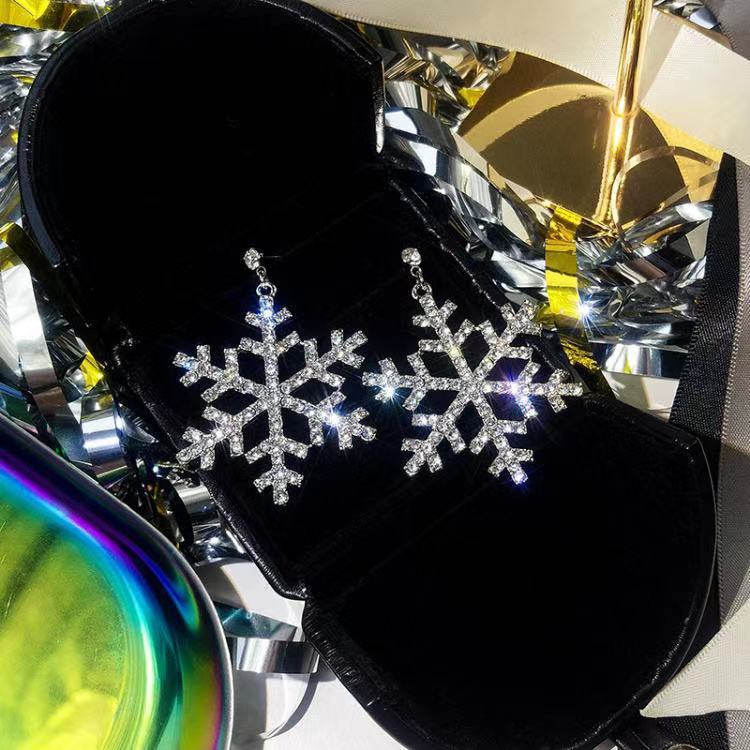 Exaggerated large ice flower ear, Korean versatile long snowflake tassel earrings, elegant ring, personality, internet-famous stud earrings for women full figure