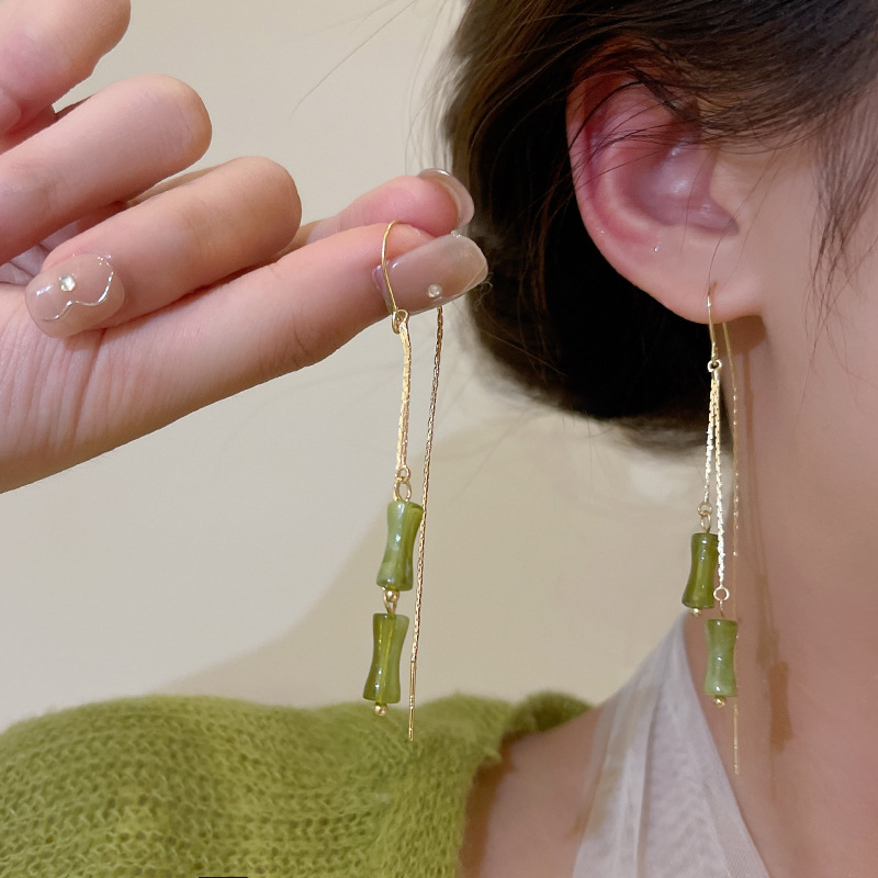 Green bamboo joint ear thread women's forest-style super fairy long tassel earrings, high-end, fashionable and stylish earrings and earrings wholesale details Picture