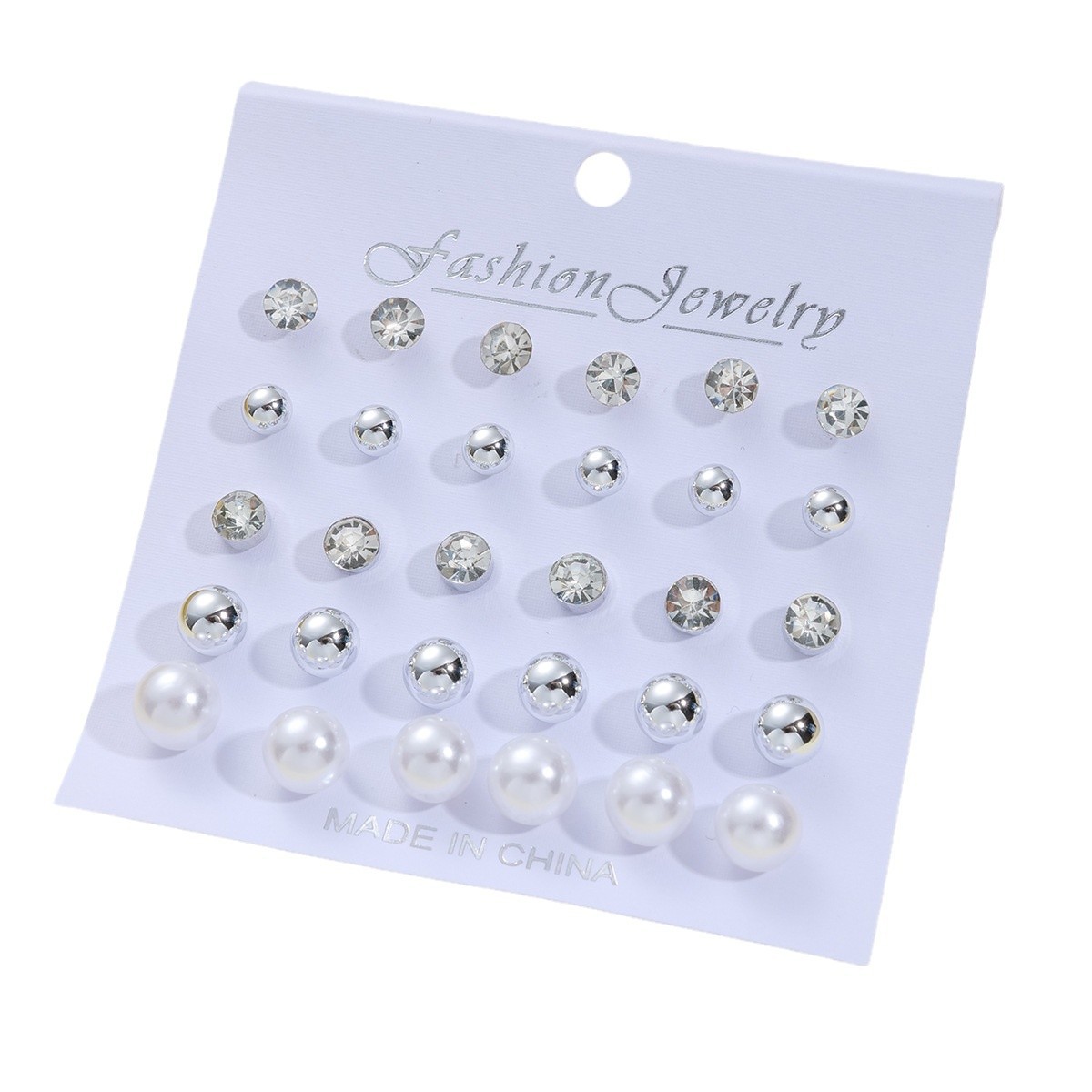 A set of 15 pieces of geometric zircon imitation pearl stud earrings from Europe and America, featuring simple round imitation pearl stud earrings for women Item Picture