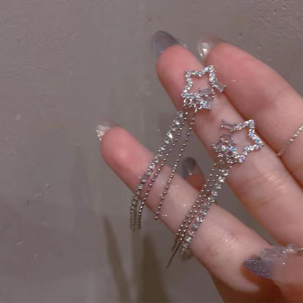 shein's best-selling five-pointed star rhinestone long tassel earrings, cross-border rhinestone star-shaped decorative pendant earrings full figure