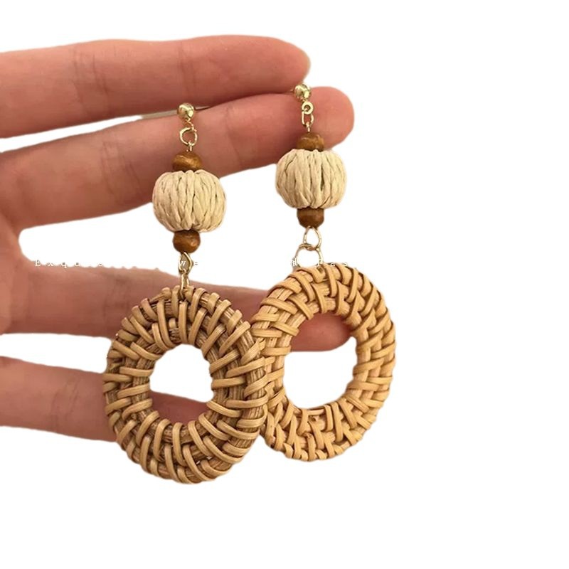 Earrings, vacation style, internet-famous earrings, seaside ear hooks, ins summer new Lafite straw and hand-woven rattan earrings for women Item Picture