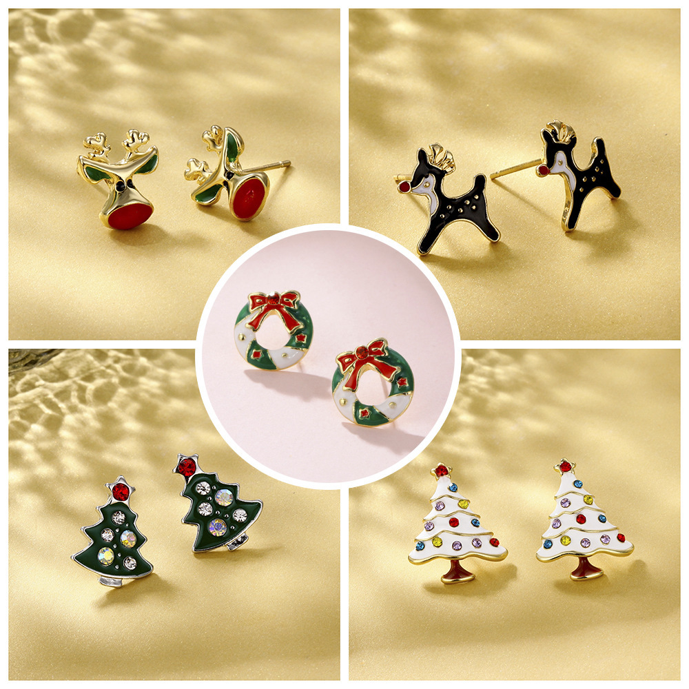 S925 Silver Needle cross-border earrings from Europe and America, ins Christmas oil Drip, reindeer Christmas tree stud, cross-border best-selling accessories full figure