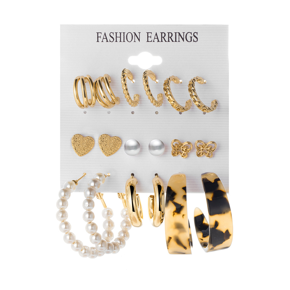 Leopard print acrylic earrings, retro heart-shaped imitation pearl stud earrings, metal ear ring earrings, high-end earrings wholesale Item Picture