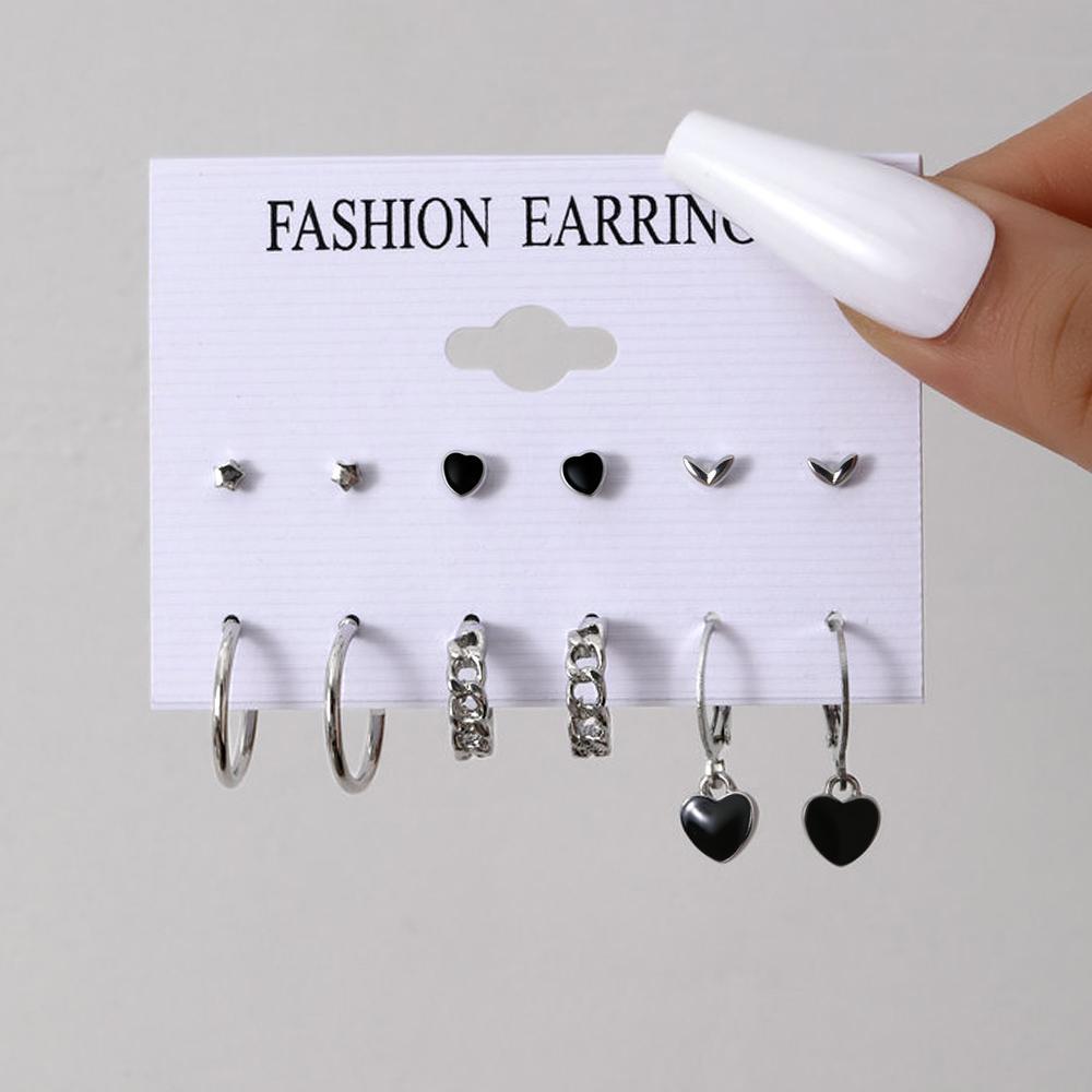 Cross-border European and American style stainless steel silver circle earrings, ear buckles, women's niche design, fashionable and trendy heart six-piece set full figure