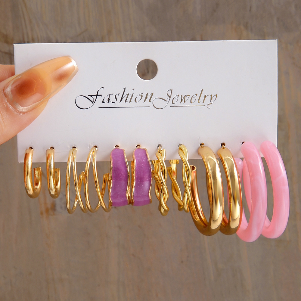A new cross-border style of simple and fashionable pink acrylic earrings six-piece set, fresh and sweet, elegant ladies' chain earrings full figure