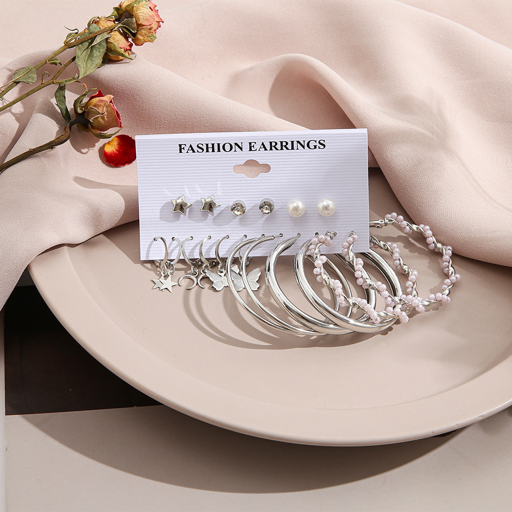 Wholesale of new cross-border silver butterfly imitation pearl earrings, creative five-pointed star moon earrings set of 9 pairs Specification drawing