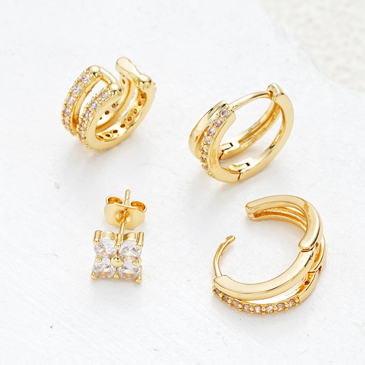 Cross-border new fully managed European and American style earrings, niche high-end creative zircon copper earrings 4-piece set/piece Item Picture