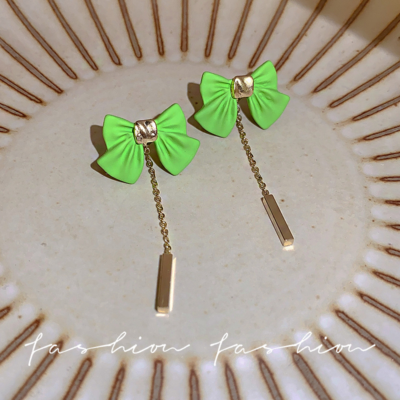 Bow earrings, versatile long tassel stud earrings, green forest-themed exquisite and fashionable earrings for women, 925 silver needle wholesale Specification drawing