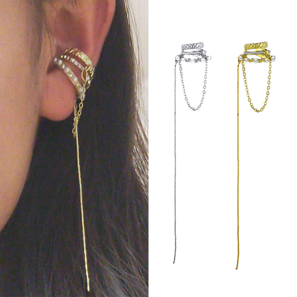 European and American high-end style, cold and elegant, no ear hole chain earrings, trendy dot diamond, long tassel ear bone clip, single piece full figure