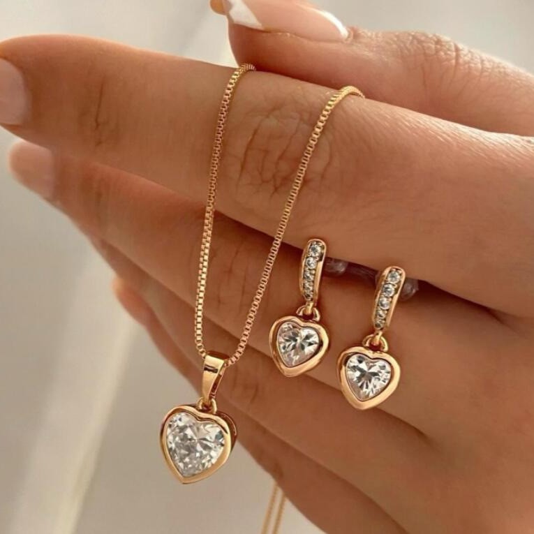 New cross-border niche design golden zircon earrings and necklace set, European and American ins high-end light luxury collarbone chain full figure