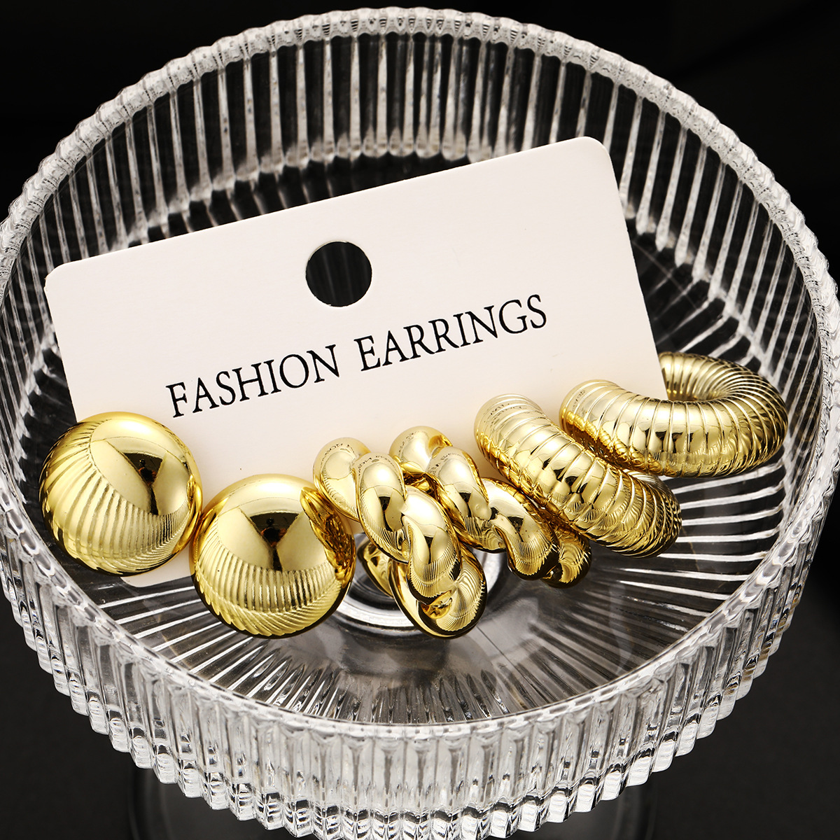 New cross-border European and American fashion style semi-circular twist earrings 3-piece set CCB creative gold niche earrings wholesale Specification drawing