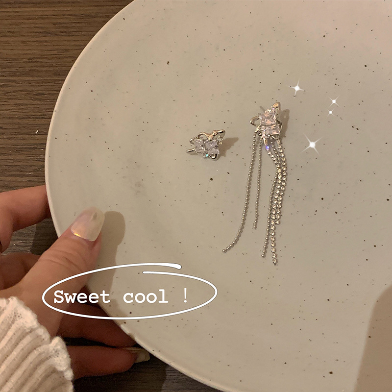 Long asymmetrical tassel stud earrings, Korean cold style light luxury individual temperament earrings, high-quality earrings wholesale Specification drawing