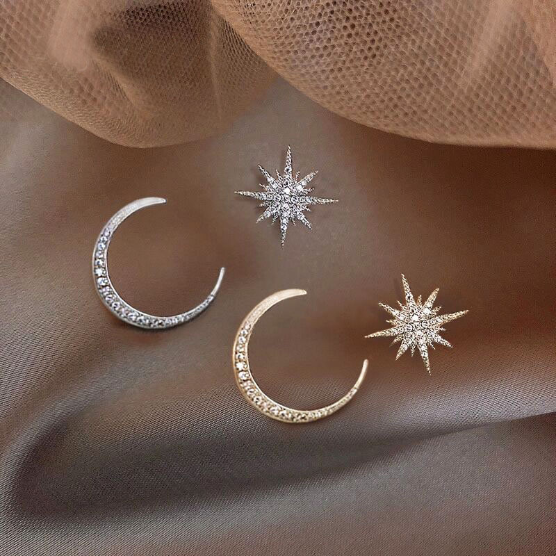 925 Silver Needle Earrings, Star and Moon Earrings, asymmetrical ear pendants, ear studs, popular and elegant female earrings full figure