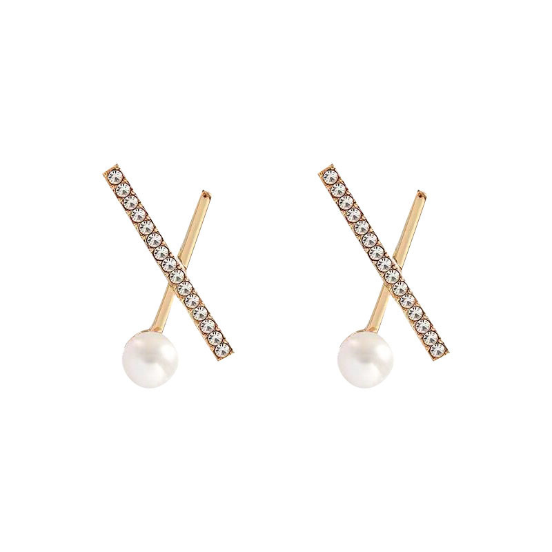 S925 Silver Needle cross-geometric Pearl Earrings, feminine bright diamond stud earrings, French elegance, ladylike goddess wholesale Item Picture
