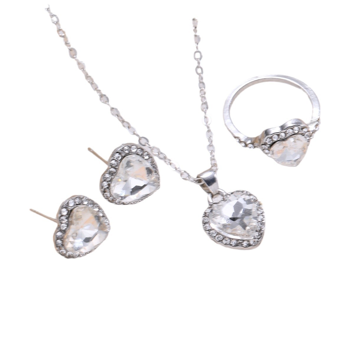 A new cross-border minimalist and cold style zircon heart-shaped earrings, rings, necklace sets, and diamond jewelry for women Item Picture