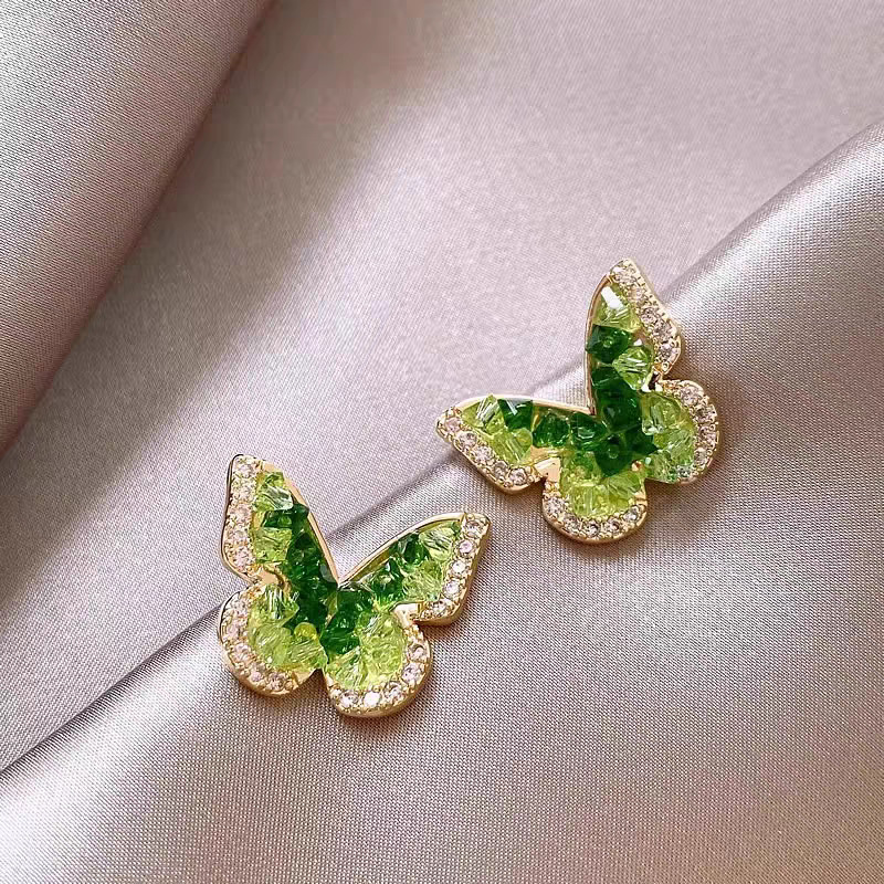 Forest-themed gradient green butterfly earrings for women, 925 silver needle, a niche and high-end earring, versatile and elegant, exquisite earrings details Picture