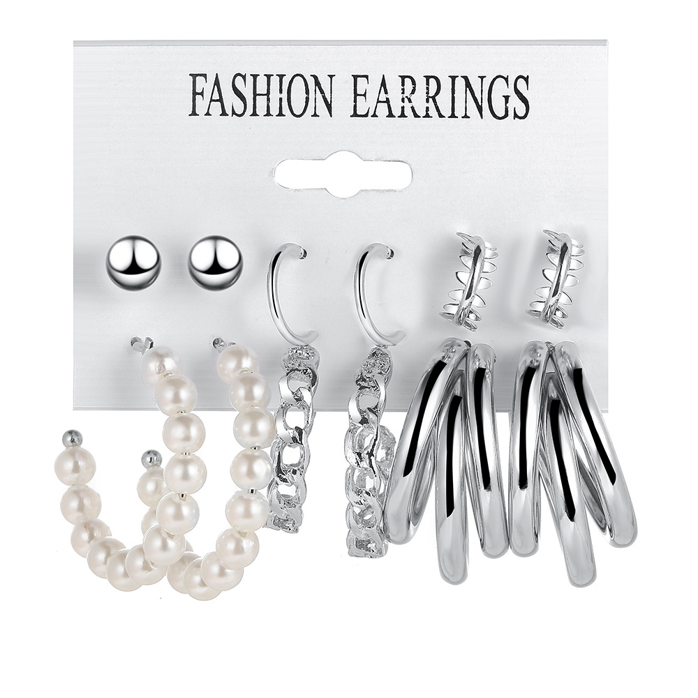 A 6-piece set of cross-border creative retro imitation pearl earrings for women, featuring European and American personalized metal circle chain stud earrings Specification drawing