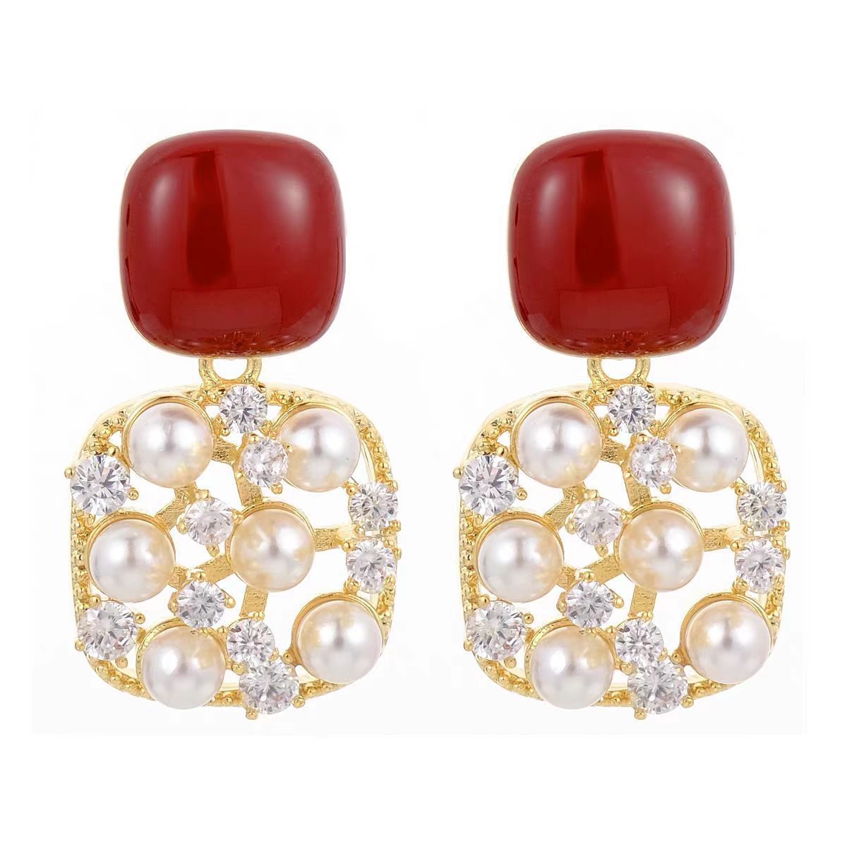 Maillard coffee-colored geometric hollowed-out pearl zircon stud earrings for women, light luxury, exquisite and fashionable earrings, simple and versatile earrings Item Picture