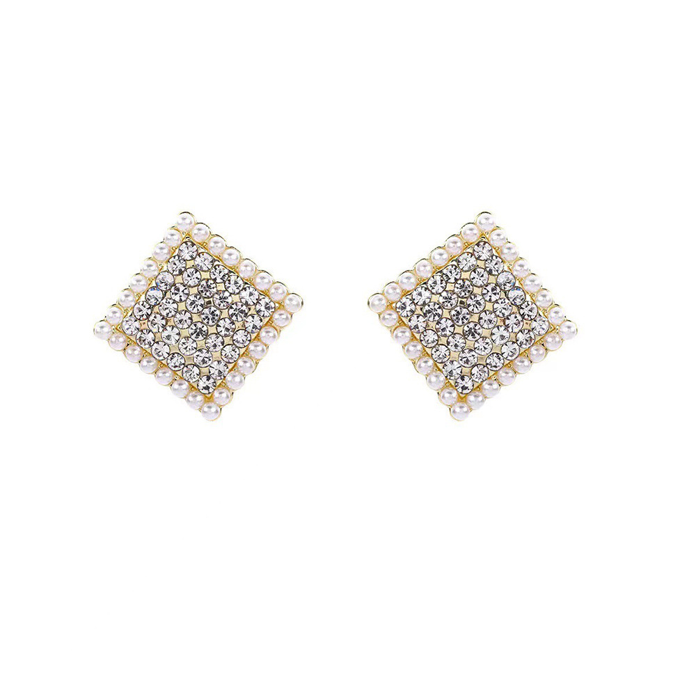 European and American fashionable geometric diamond-encruted quadrilateral pearl stud earrings, simple and versatile silver needle earrings, light luxury and high-end earrings Item Picture