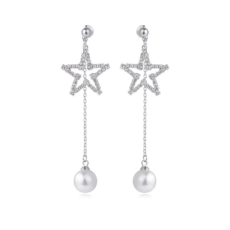 A pair of exquisite full-diamond star-shaped tassel earrings in the same style as Jin Chen, featuring two pairs of pearl stud earrings, exudes a high-end and unique charm Item Picture