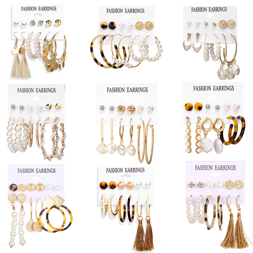 5504 Han Zhishang Acrylic artificial Pearl Circle Tassel Stud Earring Set 6-piece European and American Cross-border Earrings details Picture