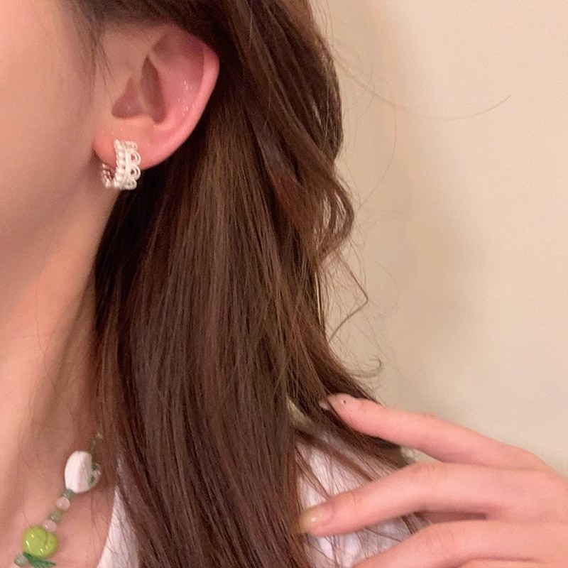 French elegant lace pearl ear loops, ear buckles, women's light luxury, niche and high-end feel, ear studs, elegant earrings, ear loops and earrings Specification drawing