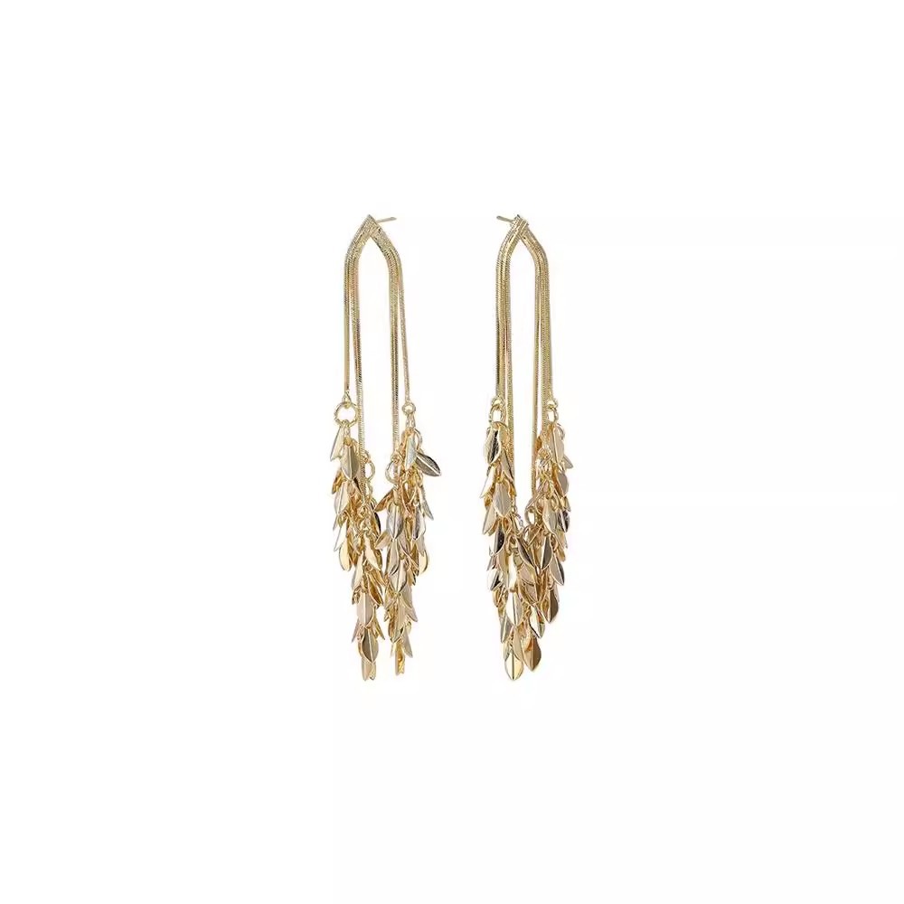Golden long tassel wheat ear earrings, women's light luxury and high-end fashion stud earrings, niche unique and exaggerated style earrings Item Picture