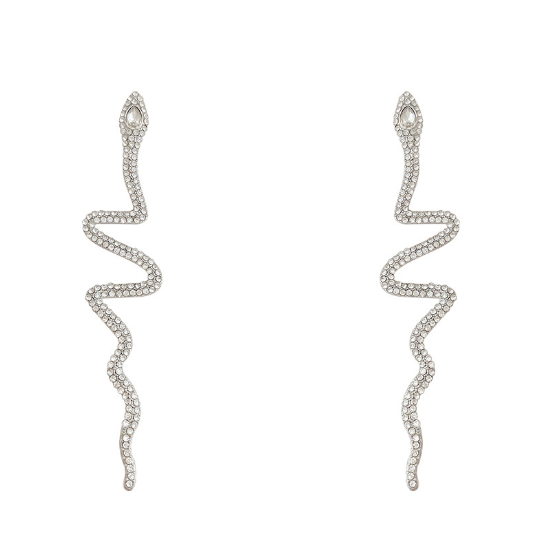 Copper micro-inlaid European and American cold style snake-shaped full diamond earrings for women, exaggerated personality, trendy and cool temperament, long and niche stud earrings Item Picture