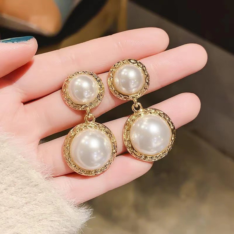 Korean style multi-layer pearl earrings, ins simple French retro stud earrings, 925 silver needle earrings wholesale Specification drawing