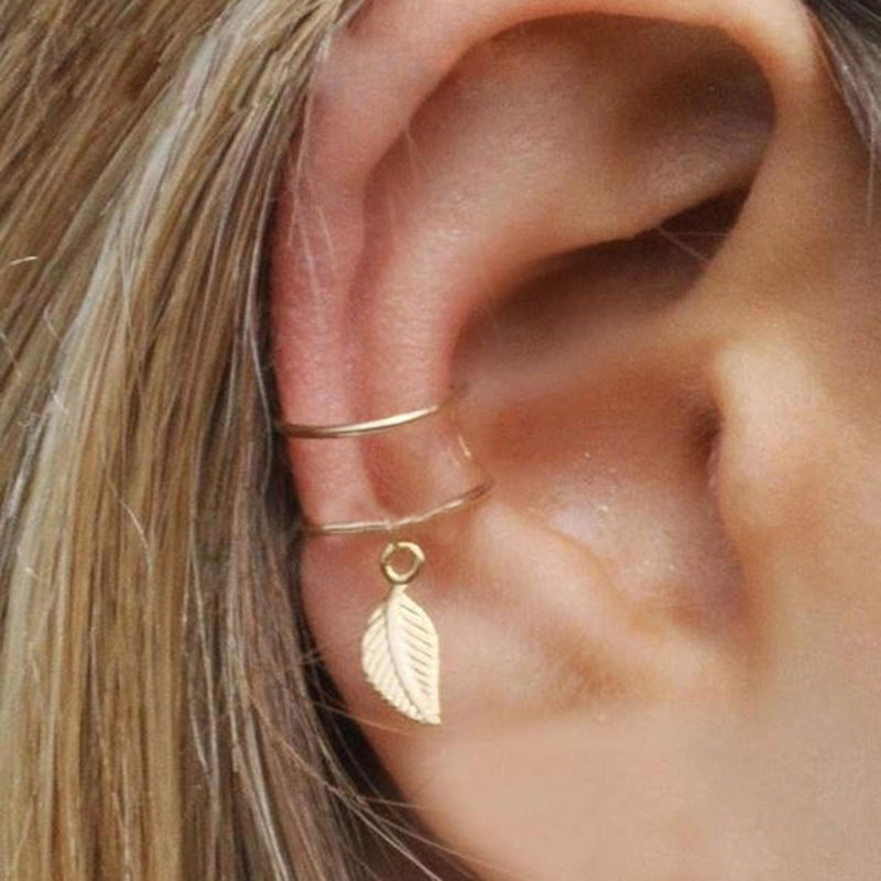 Cross-border European and American ins style 5-piece creative, individual and fashionable cartilage leaf double-layer earless stud and ear clip set details Picture