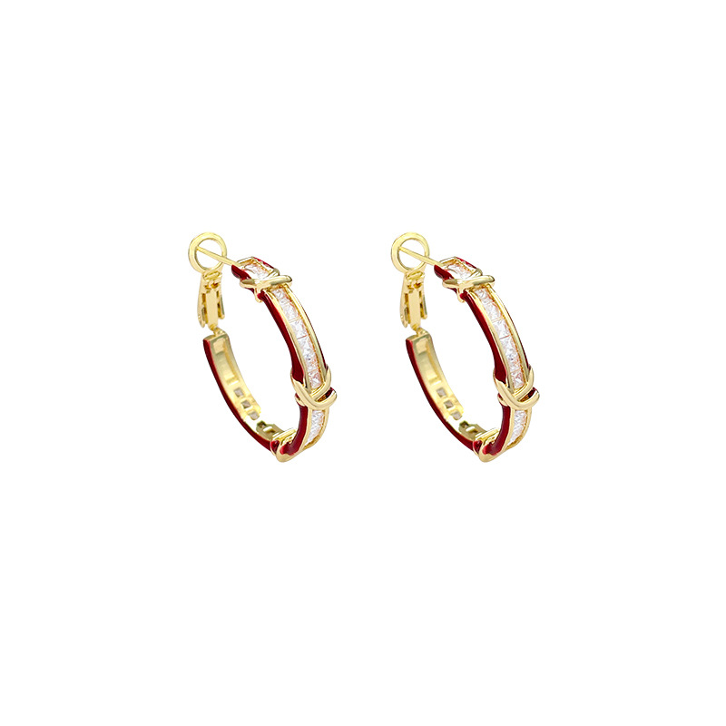 High-end, light luxury, niche zirconium enamel oil drop ear rings, ear buckles, women's silver needle, exaggerated round face slimming earrings from Europe and America Item Picture