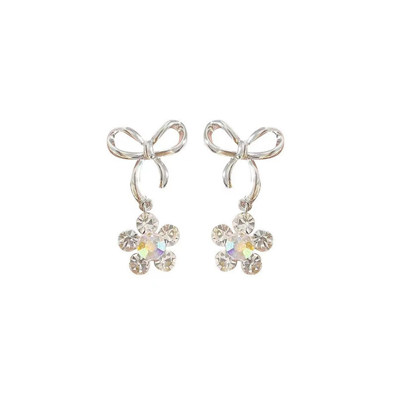 925 Silver needle Dazzling Sunflower water diamond bow earrings, niche light luxury cold style stud earrings, high-end ear accessories Item Picture