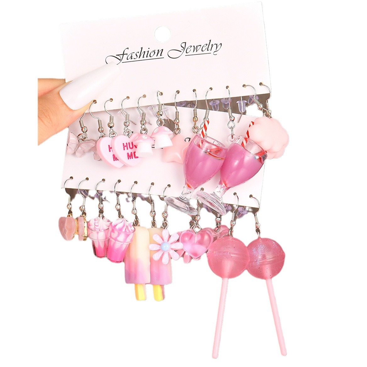 A new cross-border eco-friendly pink mushroom ice cream flower heart earring set of 12 pieces of flower lollipop earrings Item Picture