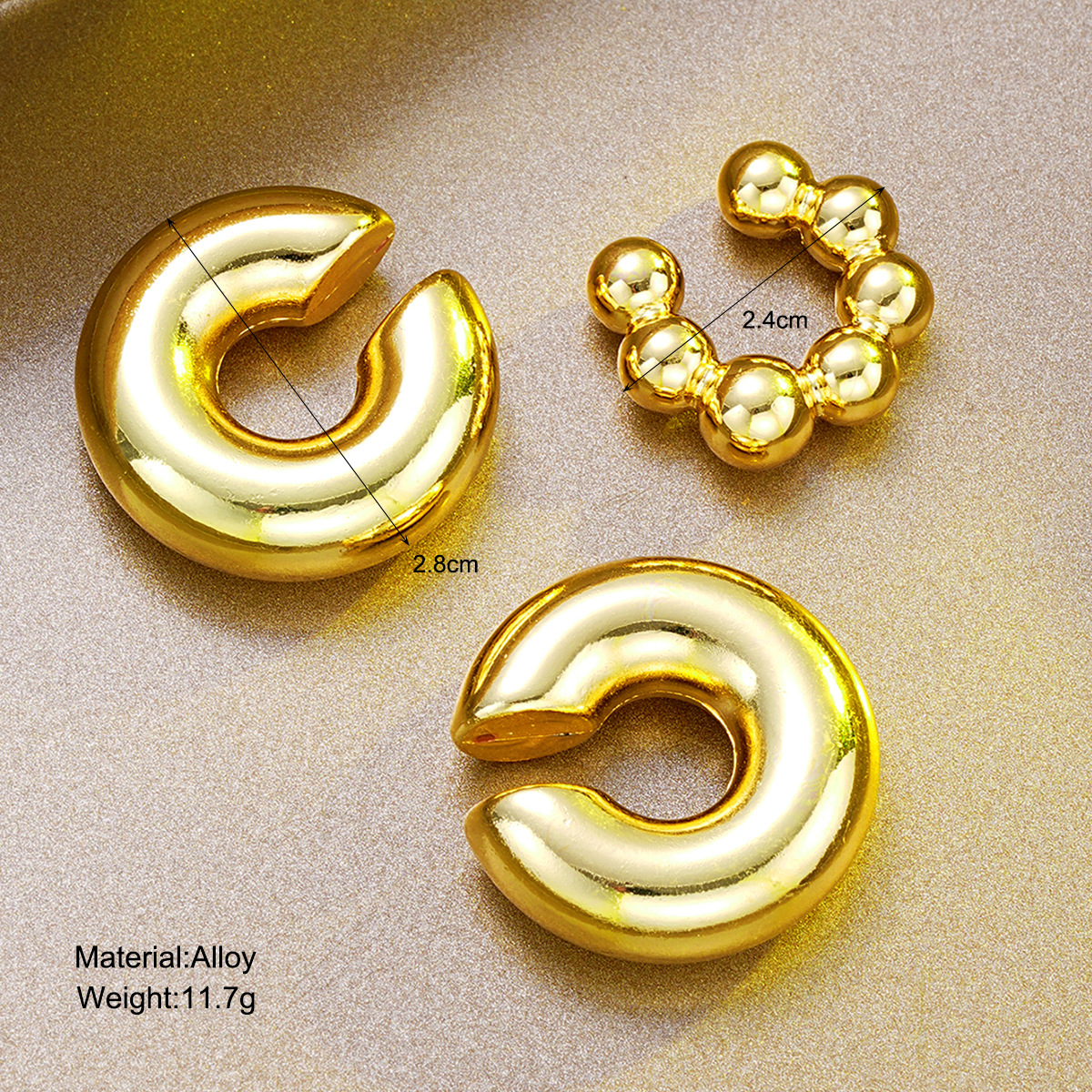 Wholesale of new high-end and exquisite earrings for cross-border trade from Europe and America. 3-piece set of gold niche women's round bead C-shaped earrings details Picture