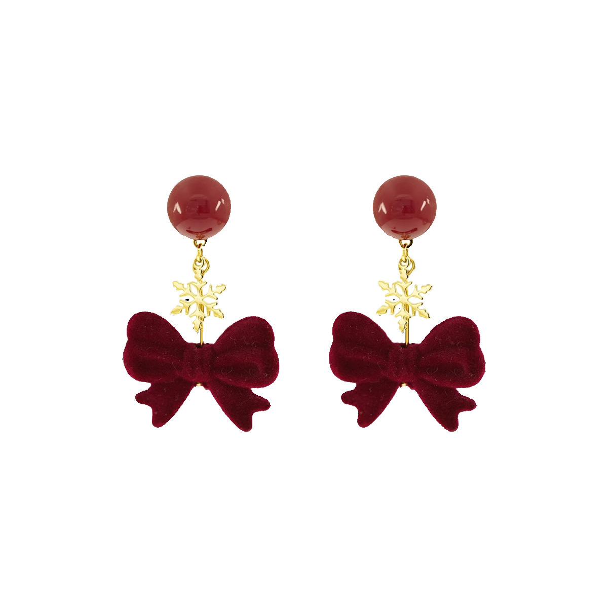Retro velvet bow Christmas snowflake stud earrings for women, unique red autumn and winter earrings, silver needles Item Picture