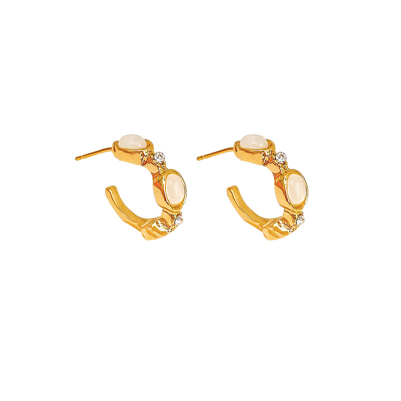 S925 Silver Needle, Korean Dongdaemun Stylish Earrings, Geometric C-shaped cat's eye stone earrings, internet-famous fashionable and individual earrings Item Picture