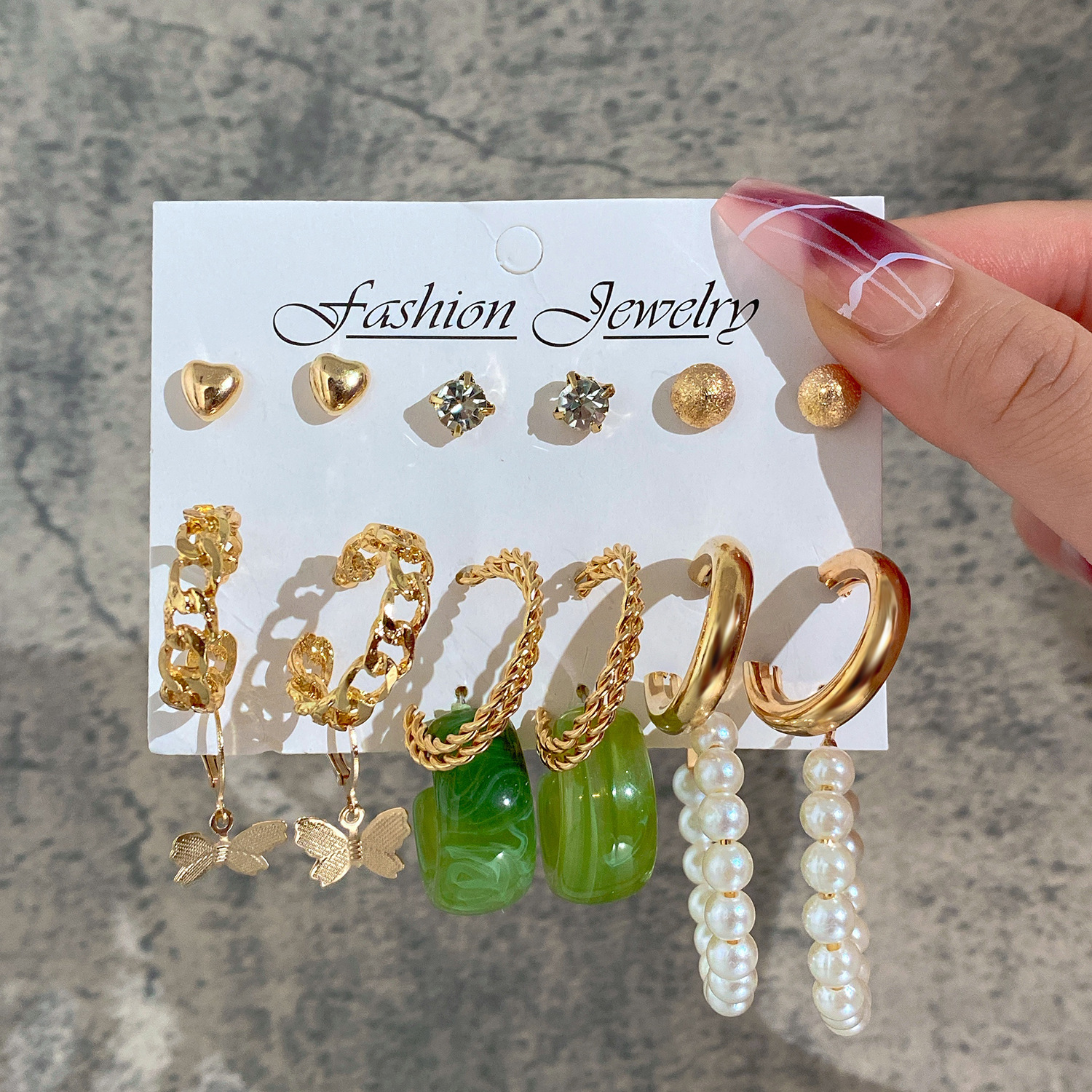 Creative and personalized butterfly stud earring set of 9 pairs, metal C-shaped ear rings, new European and American acrylic earrings wholesale details Picture
