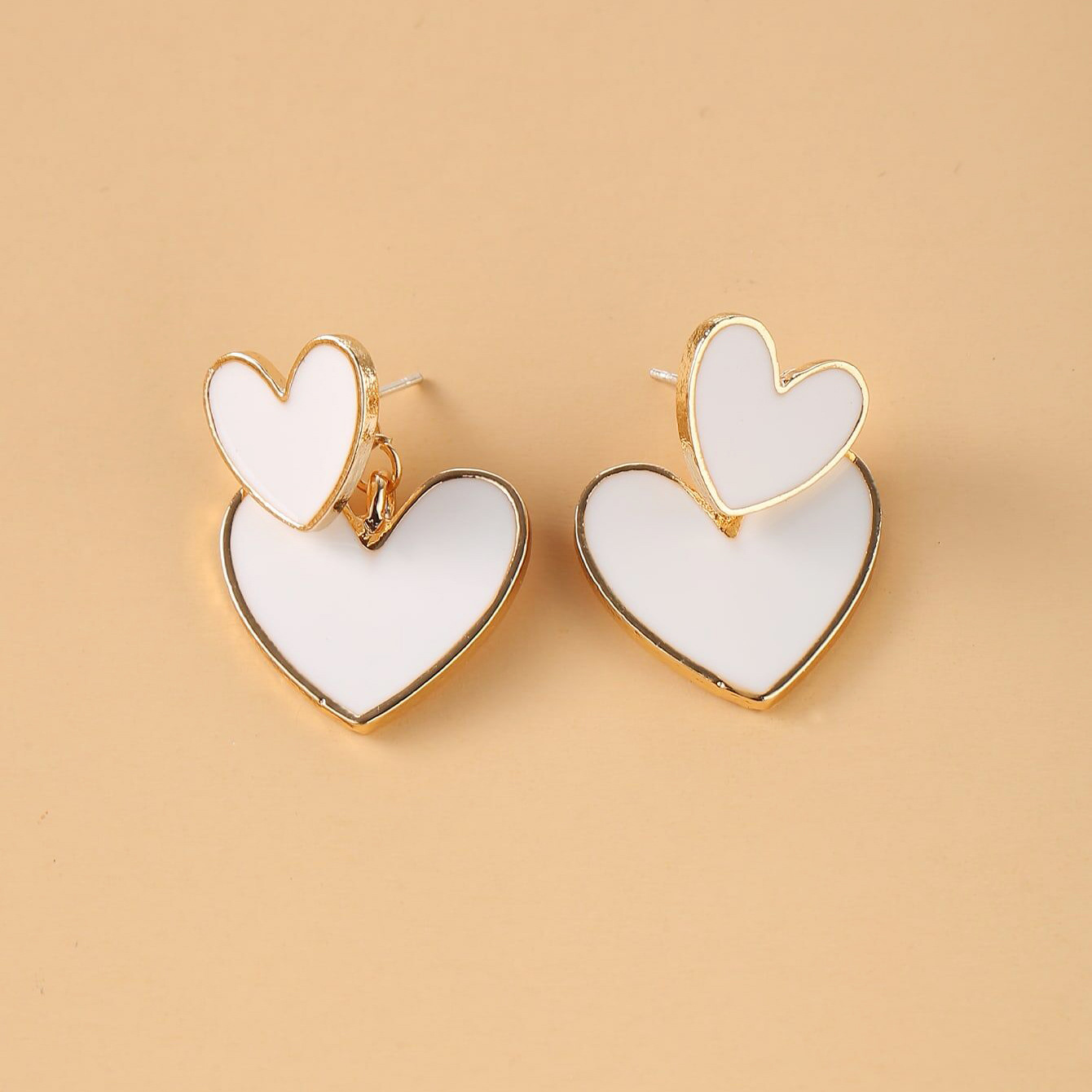 White double-layer oil-dripping heart-shaped earrings from Europe and America, heart-shaped earrings, creative cross-border style, simple and elegant, for women details Picture