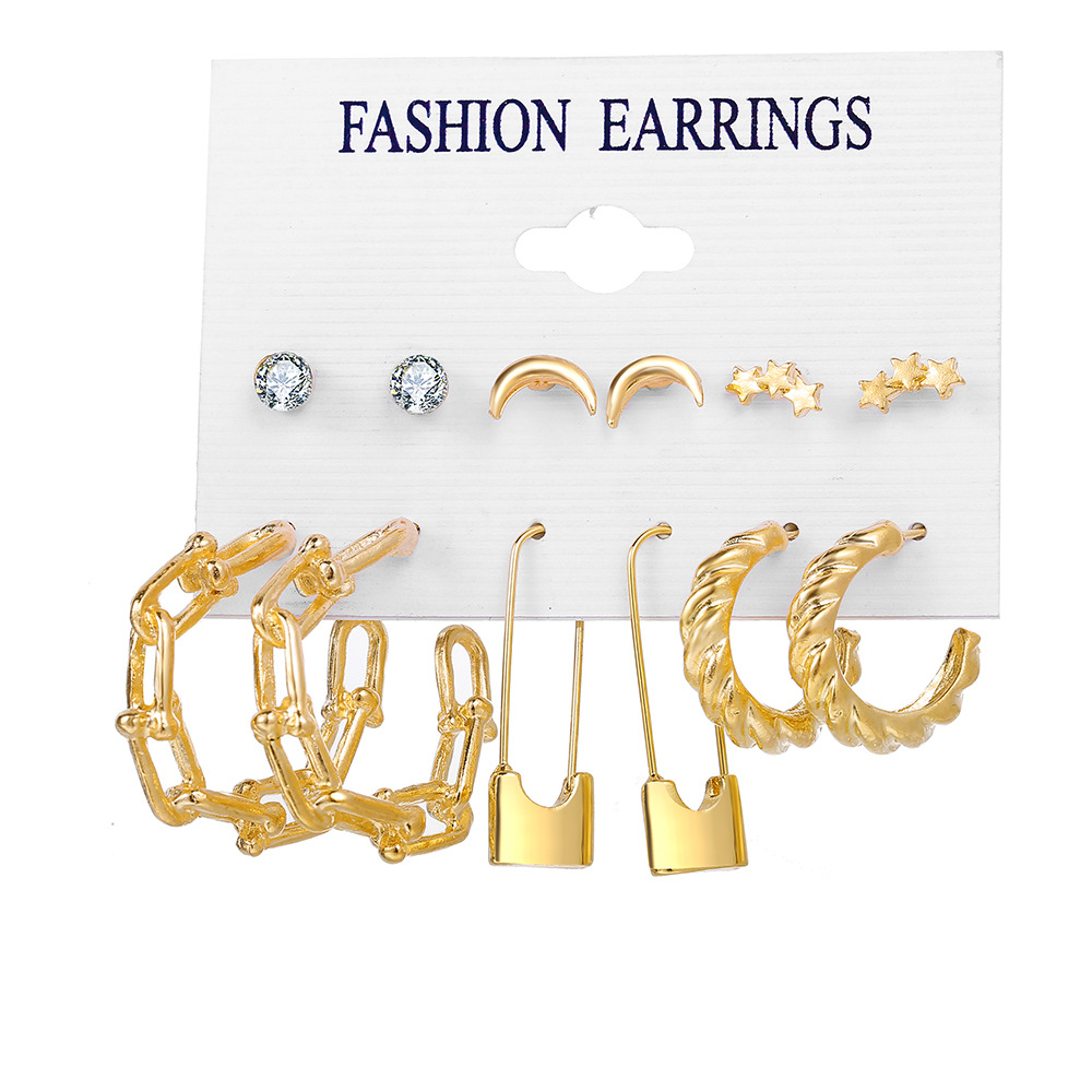 Han Zhishang Metal Circle Chain Stud Set 6-piece Creative and Personalized Cross-border heart-shaped brooch Butterfly Earrings Item Picture