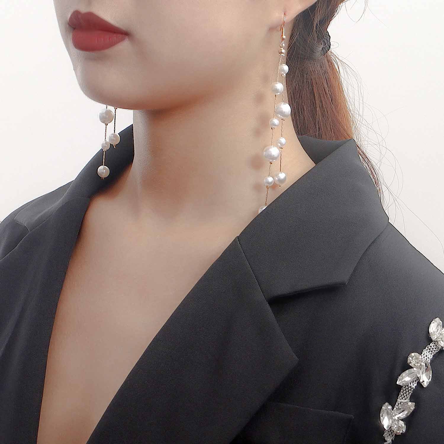 European and American cross-border jewelry, ins tassel imitation pearl pendant earrings, earrings, women's handcrafted geometric metal elegant ear hangers Specification drawing