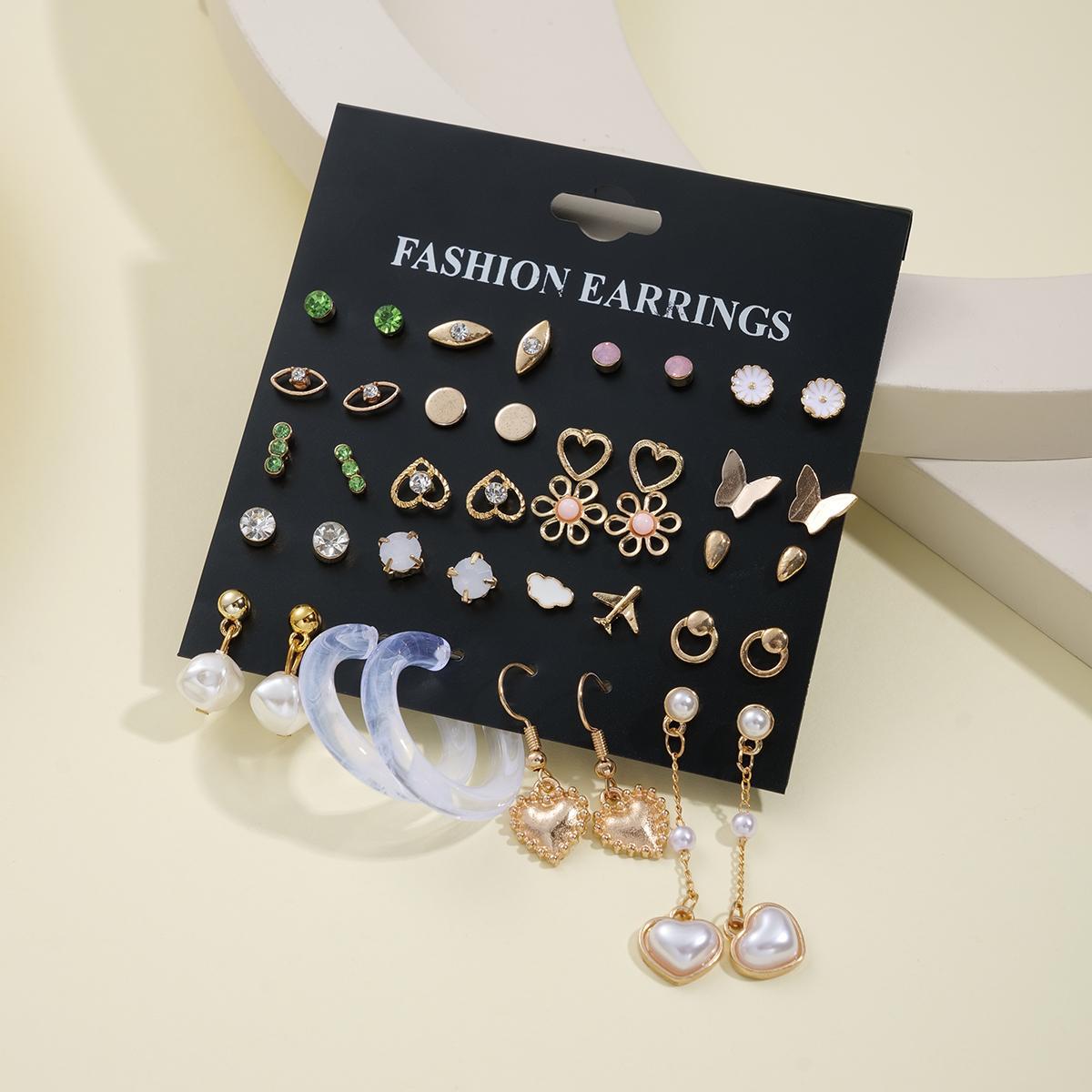A new cross-border fashion and simple set of 20-piece heart-shaped flower butterfly stud earrings from Europe and America, featuring retro pearl earrings Application Scenario