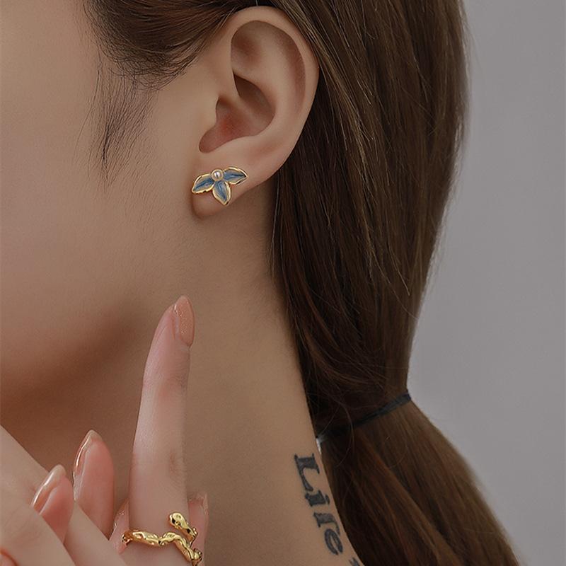 S925 Silver Needle Glazed Blue and gold flower Stud earrings, a fresh and niche design pearl earring accessory for women details Picture