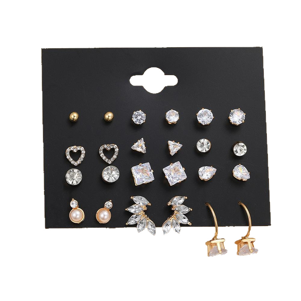 A new 12-piece set of cross-border rhinestone earrings from Europe and America, featuring Instagram-style heart-shaped triangular teardrop-shaped stud earrings Item Picture