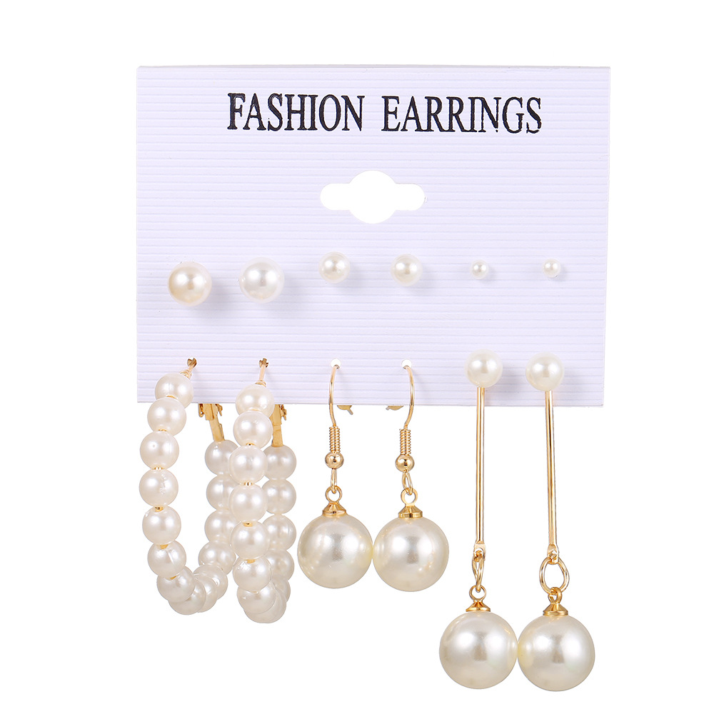 Cross-border retro imitation pearl tassel earrings 6 pairs of creative and simple pearl ear rings and earrings with a high-end feel wholesale details Picture